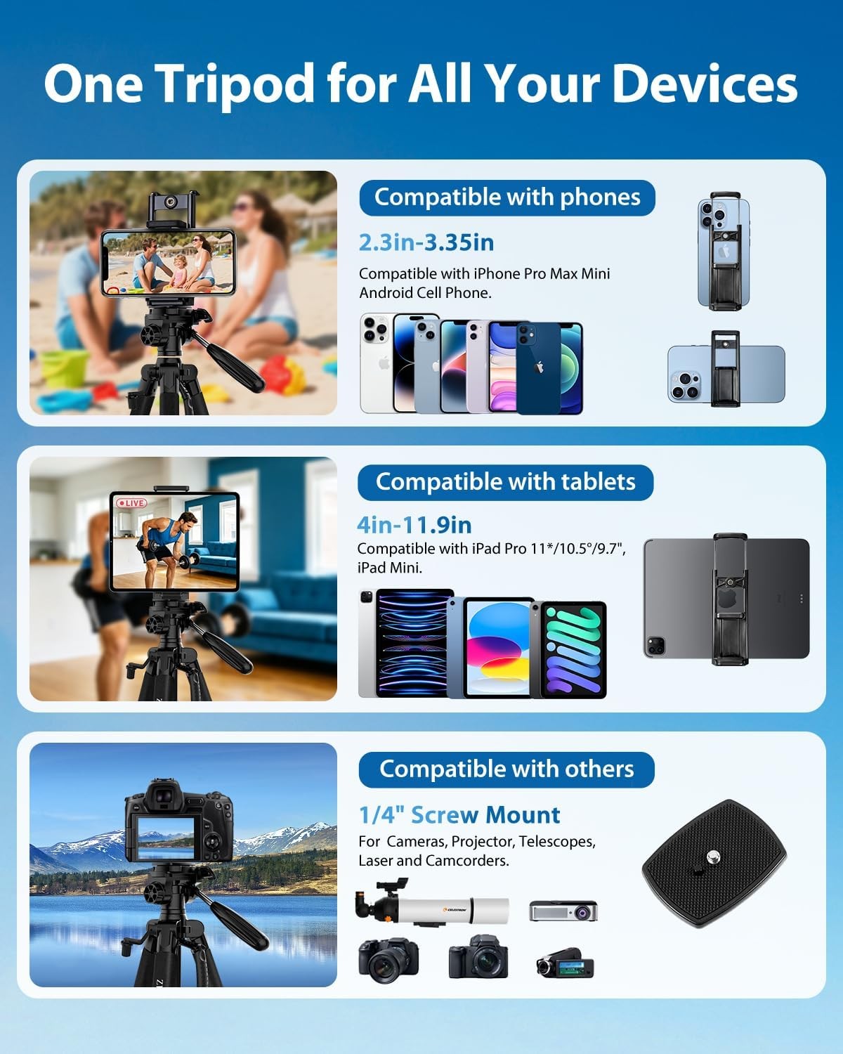75" Camera Tripod Heavy Duty Aluminum Camera Stand for ipad Phone with DSLR