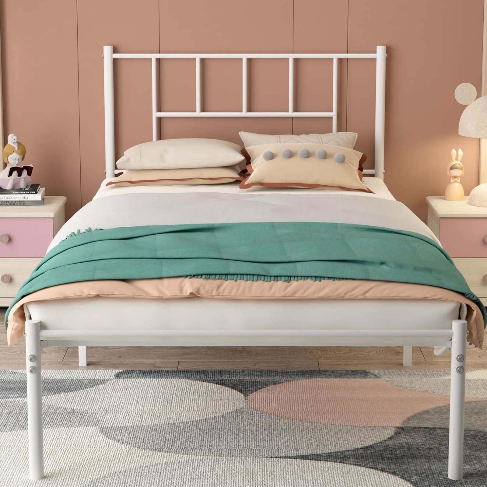 VECELO T2-T39-WHT Twin Metal Platform Bed Frame with Headboard