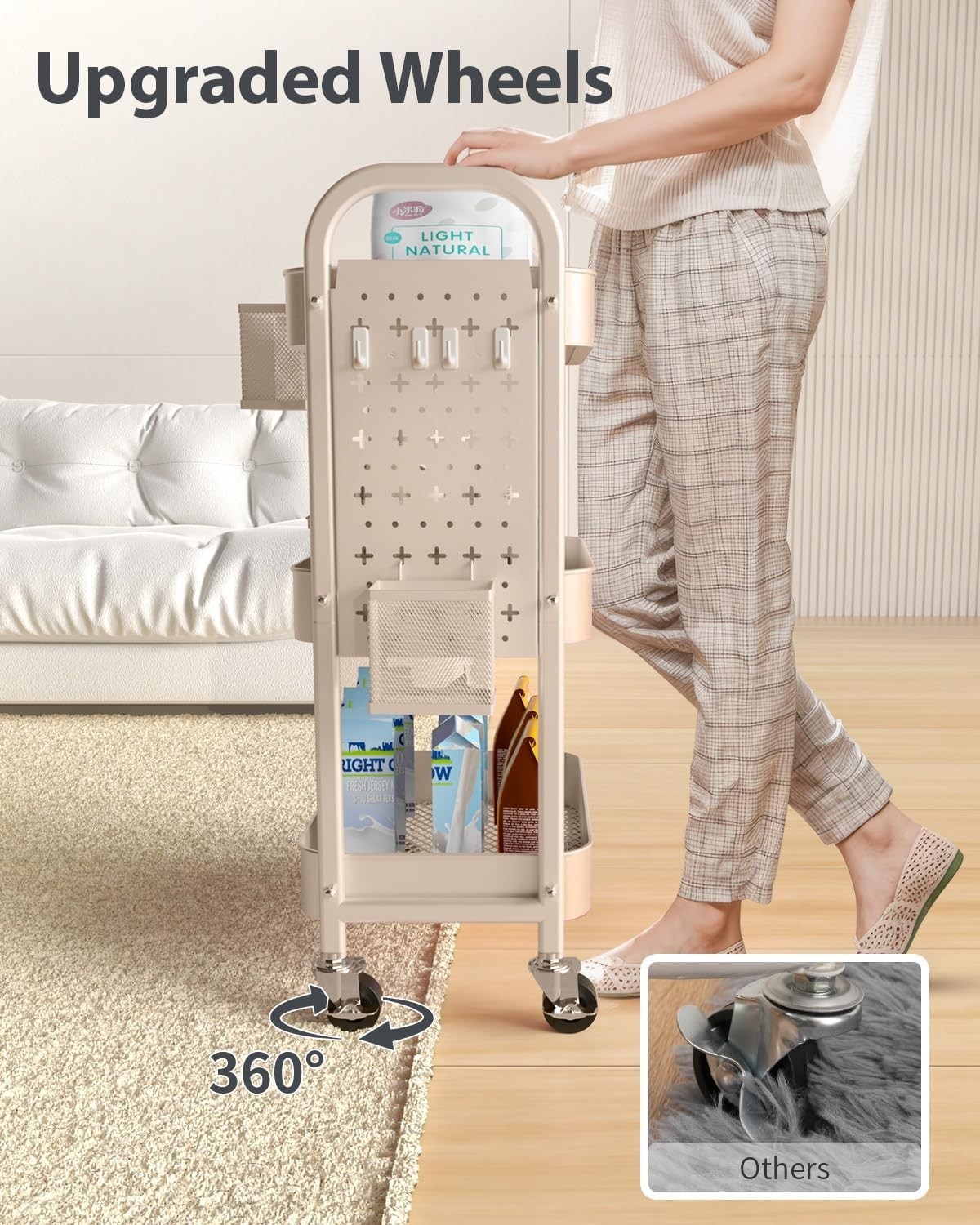 Multi-Purpose Rolling Cart with 3 Shelves, Pegboards, & Lockable Wheels in Khaki