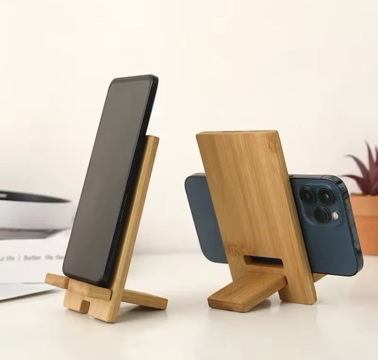 2 Pack Bamboo Phone Stand Wooden Cell Phone Holder with Charging Hole