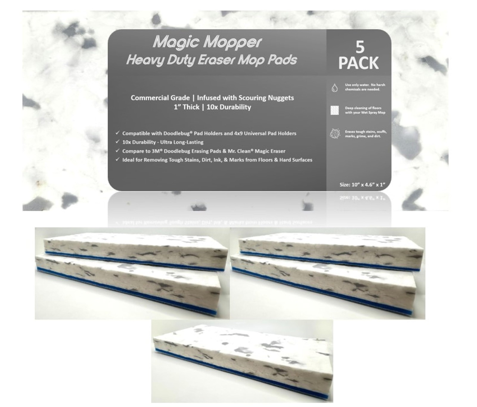 Magic Mopper 4.5" x 10" Heavy Duty Mop Floor Cleaning Eraser Pads Infused with