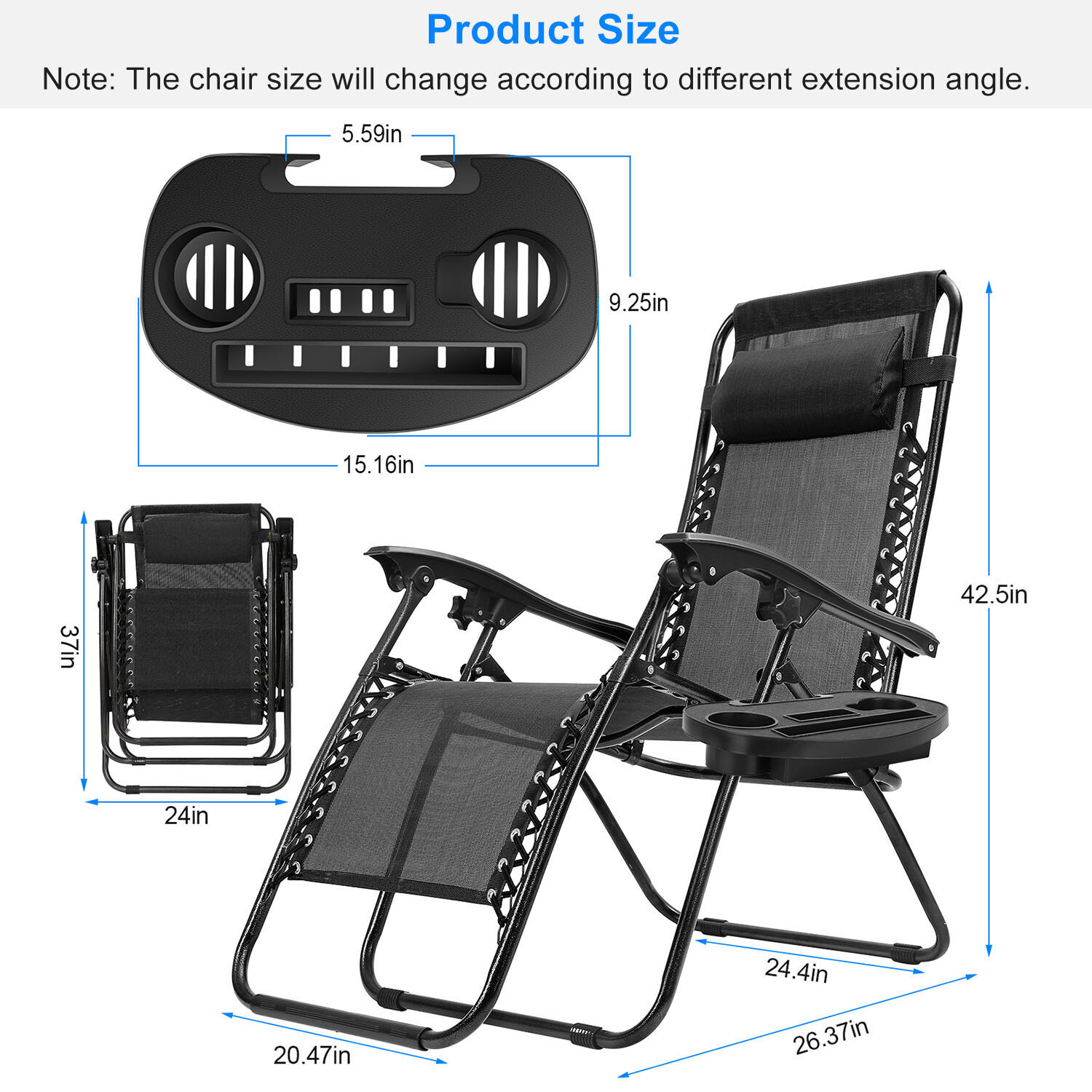 2 Pack Gravity Chairs Folding Patio Lounge Beach Outdoor Recliner with Side Tray
