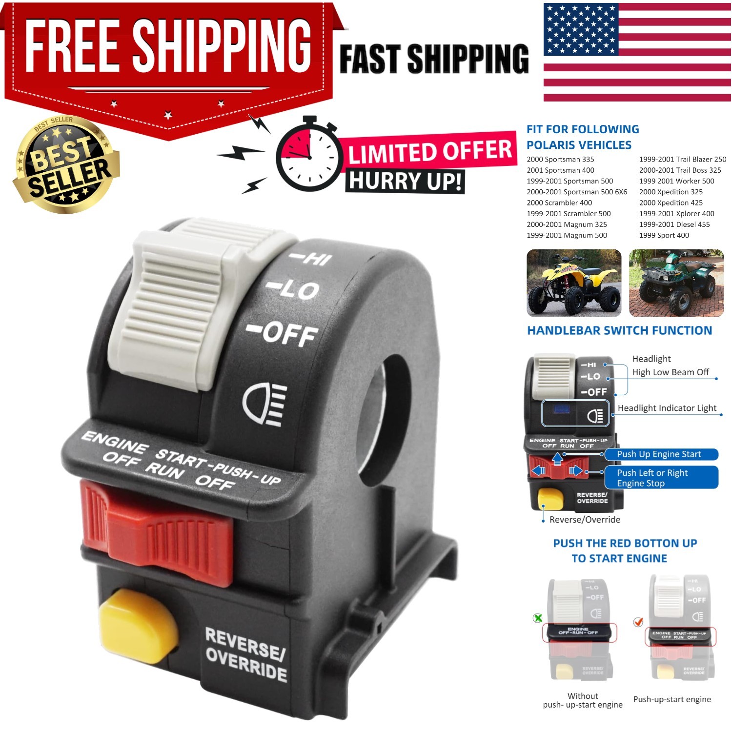 Left Handlebar Engine Start Off Headlight HI LO Off Switch for Polaris Sportsman