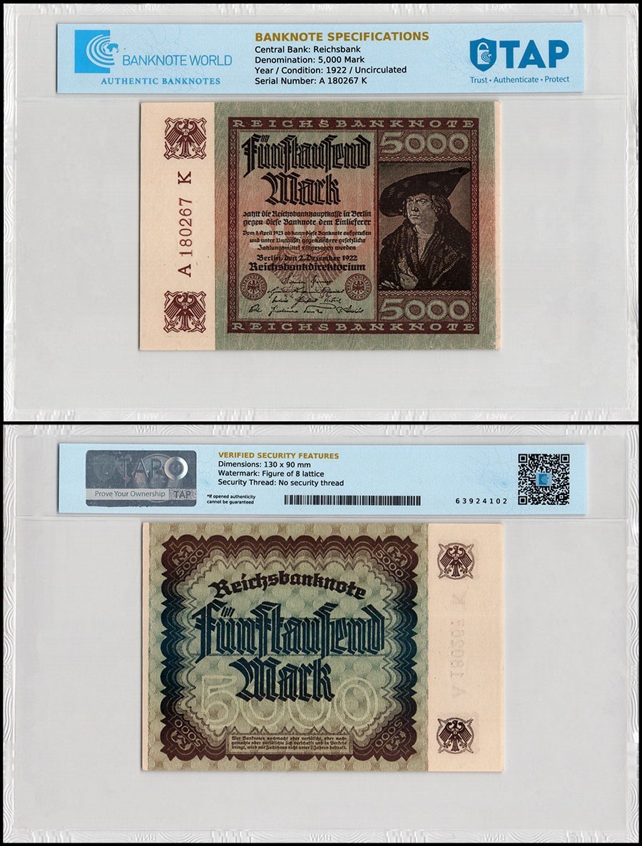 Germany 5000 Mark, 1922, P-81b.2, UNC, TAP Authenticated