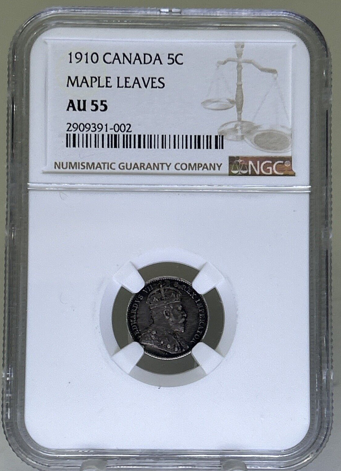Canada 1910 5c Five Cents Silver Coin: Pointed Leaves AU 55 NGC