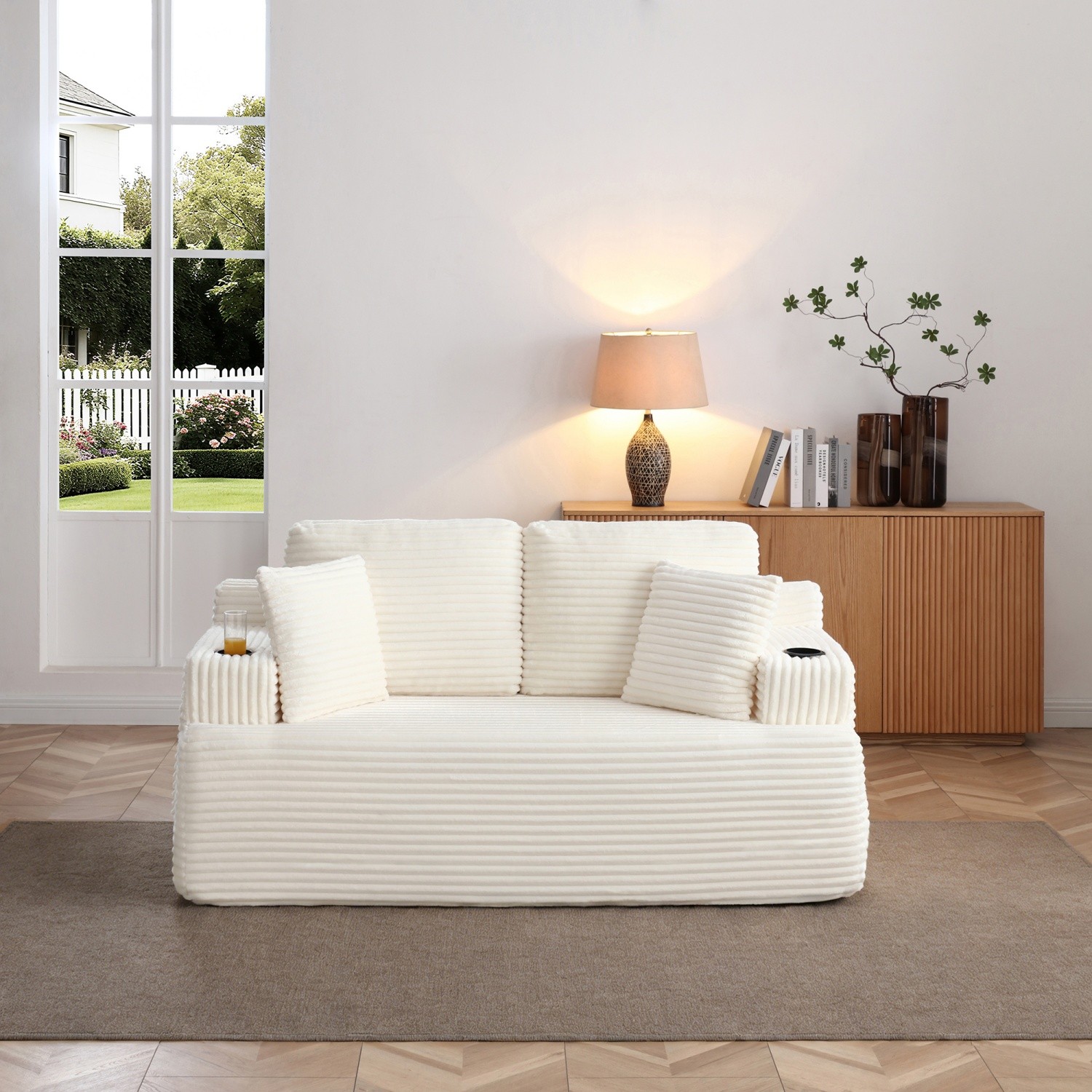 Floor Loveseat 2-Seat Corduroy Sofa w/ Cup Holders for Small Spaces No Assembly
