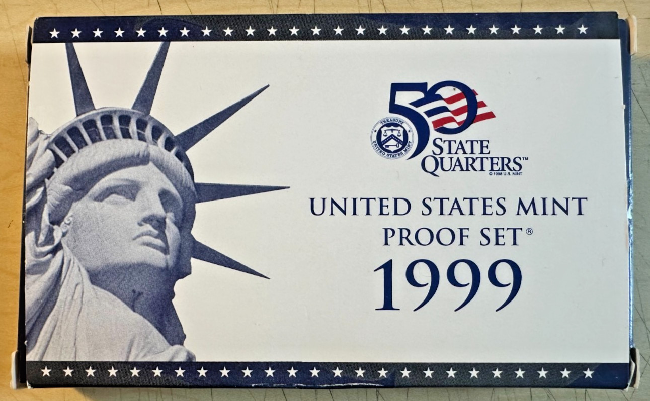 1999 US Mint Proof Set - 9 Coins First Year State Quarters - Original Box & COA