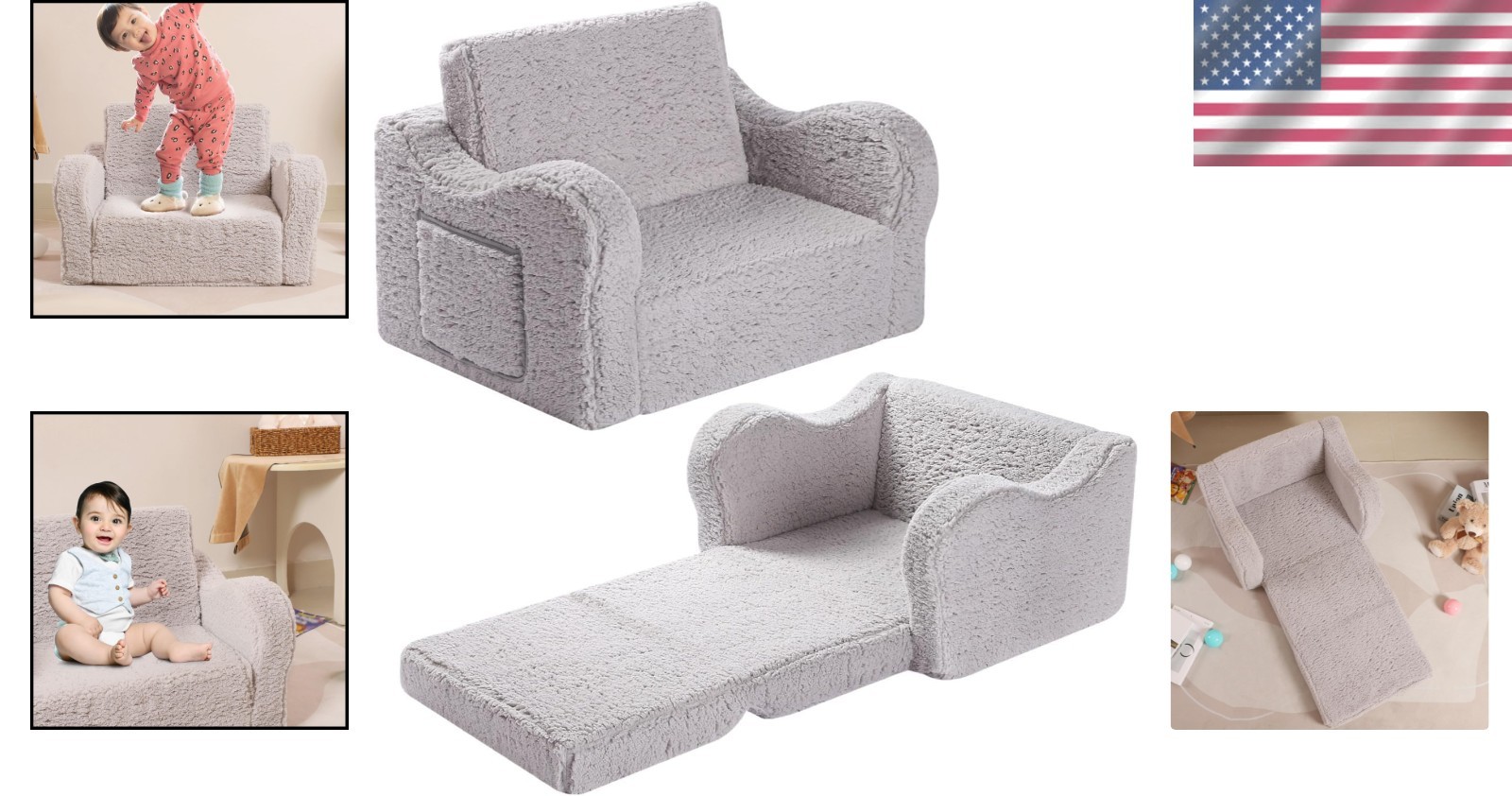 Kids Flip-Out Couch in Soft Sherpa - Safe and Cozy Lounge Chair for Ages 18+