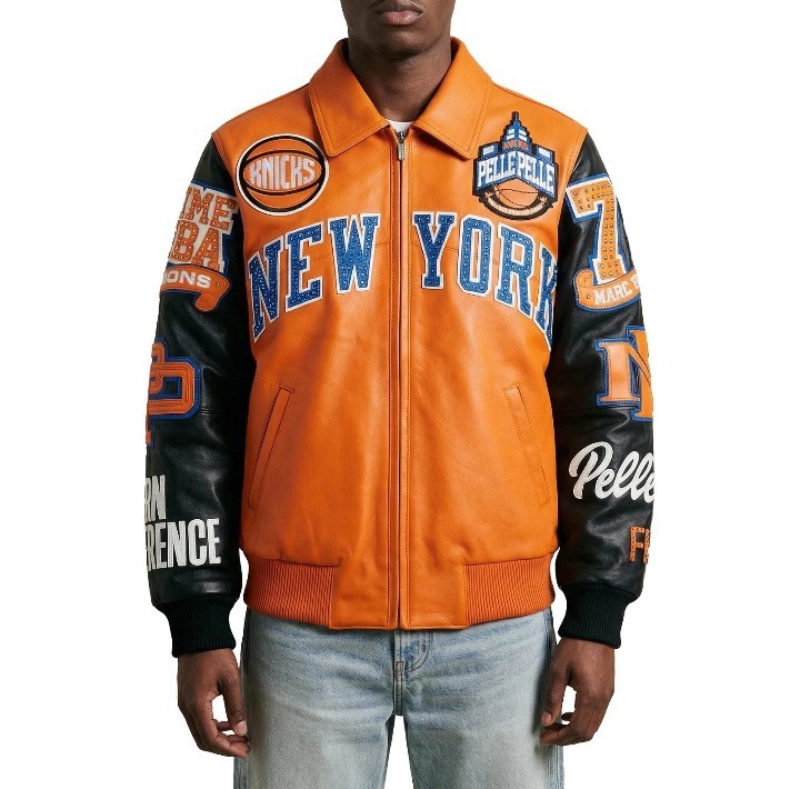 Men’s Orange Black Varsity Leather Jacket New York Embroidered Patch Streetwear