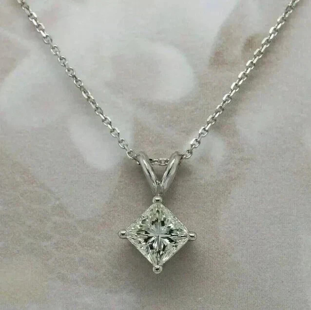 2Ct Princess Lab Created Diamond 14k White Gold Plated Women Solitaire Pendant