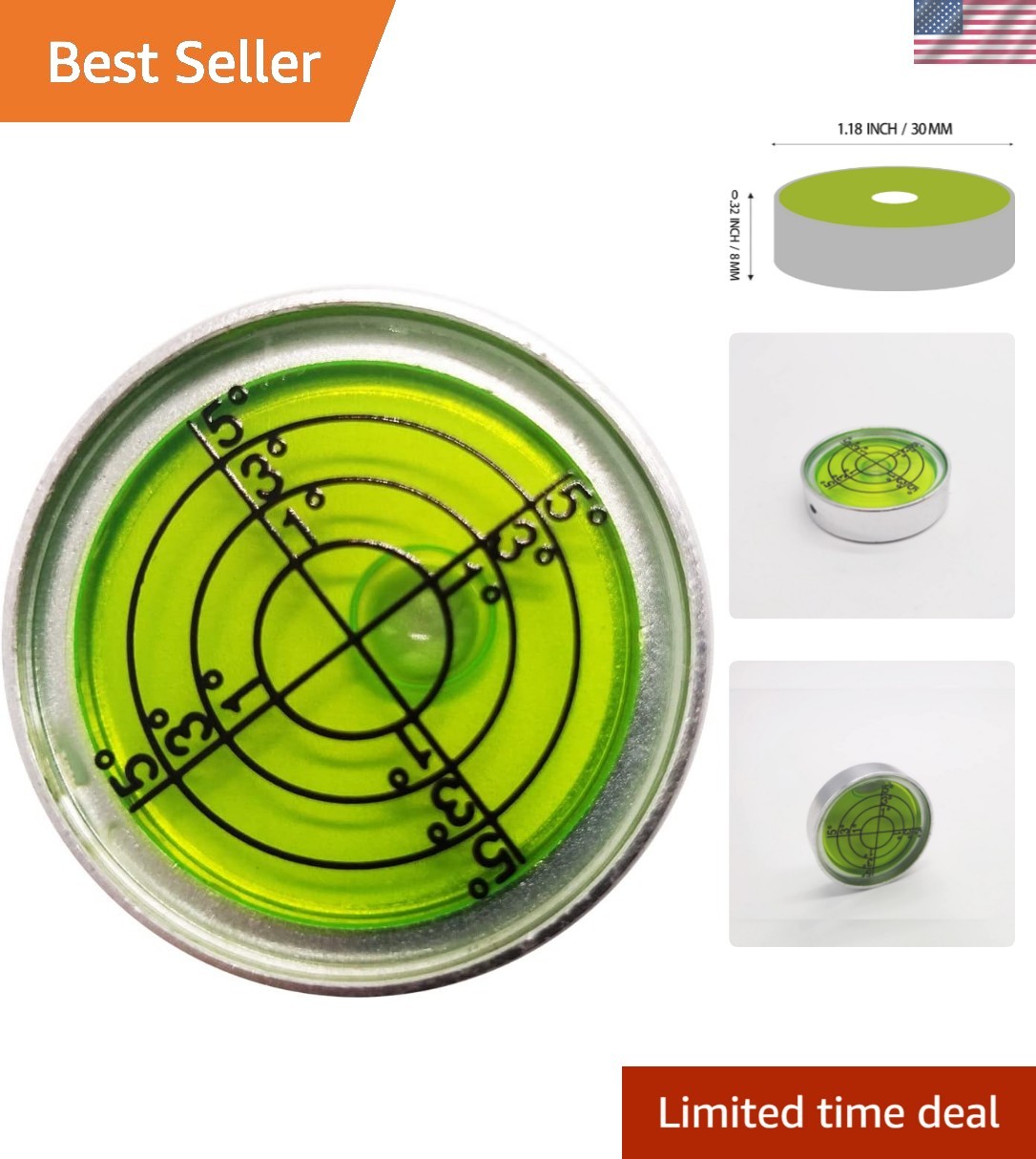 Aluminum Level Tool with Measurement Grid - 30mm Circular Design in Silver/Green