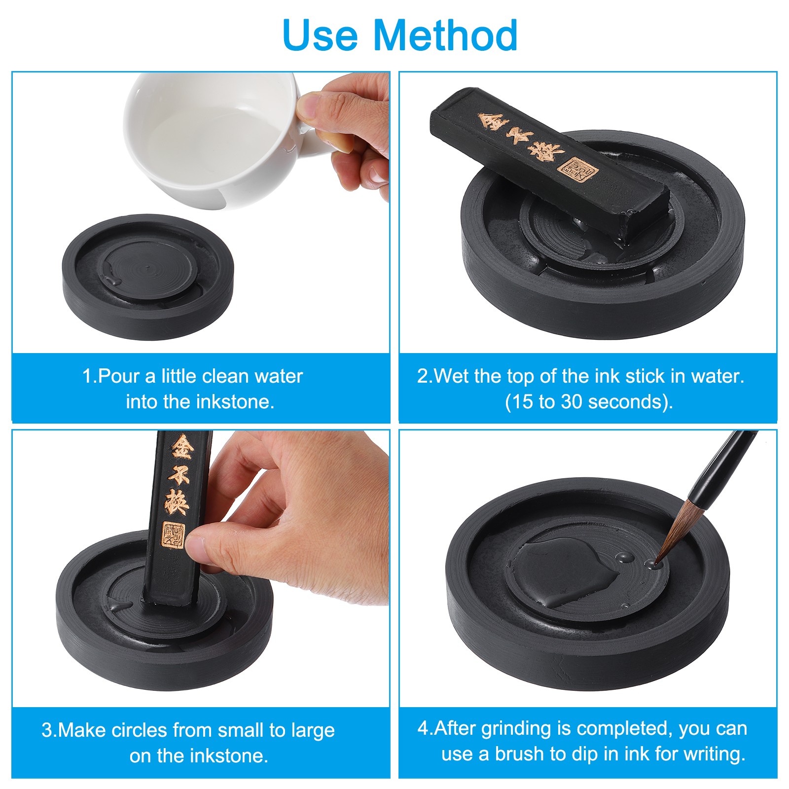 6 Inch Square Chinese Calligraphy Inkstone with Ink Stick Black