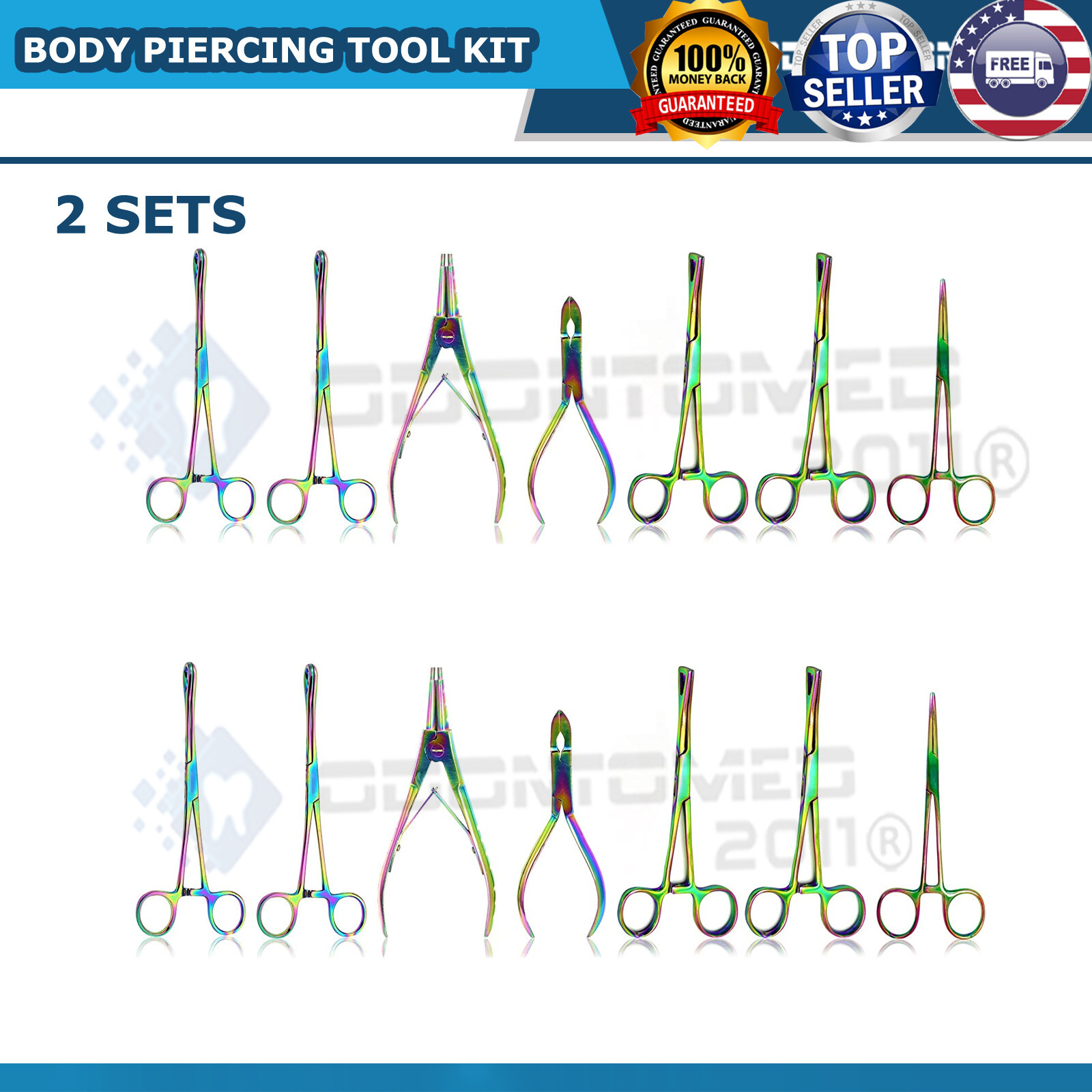 2 SET RAINBOW 7 Body Piercing Instruments Kit Tools Penington Forceps  NOSE EAR