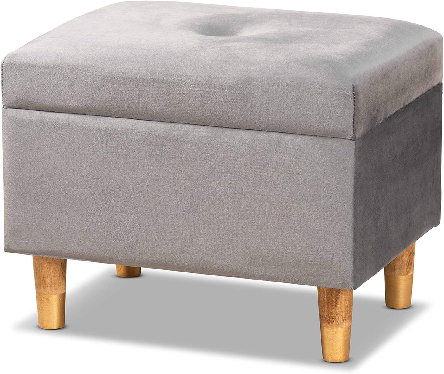 Elias Grey Velvet Storage Ottoman with Oak Brown Finished Wood Legs