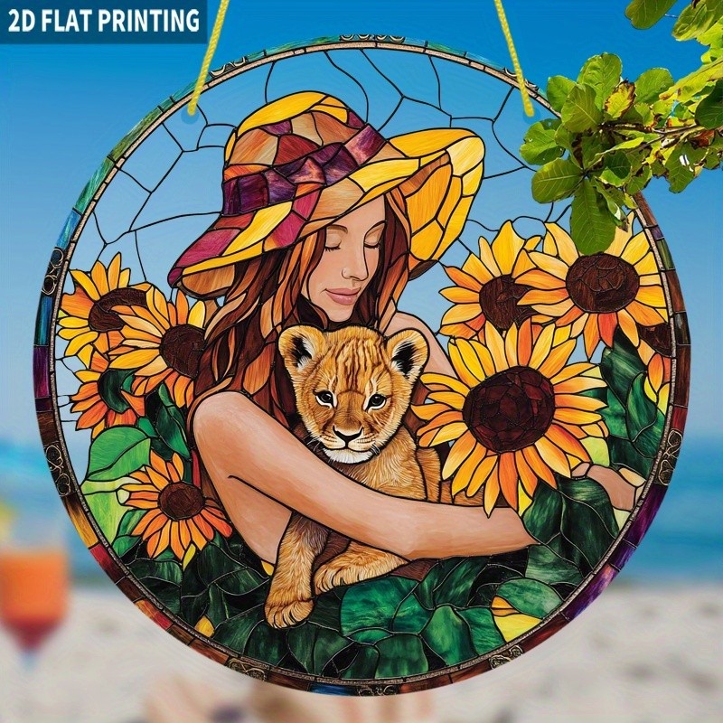 Bohemian Girl & Baby Lion Sunflower Acrylic Suncatcher Hanging Decor for Window