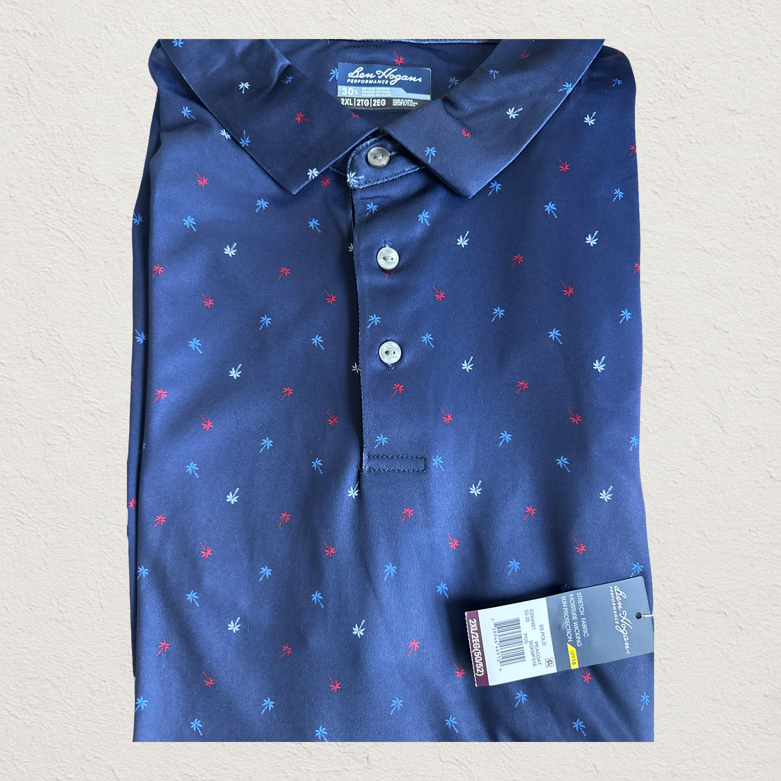 Ben Hogan Performance Polo 2XL Navy W Palm Trees 3 Button Polo
