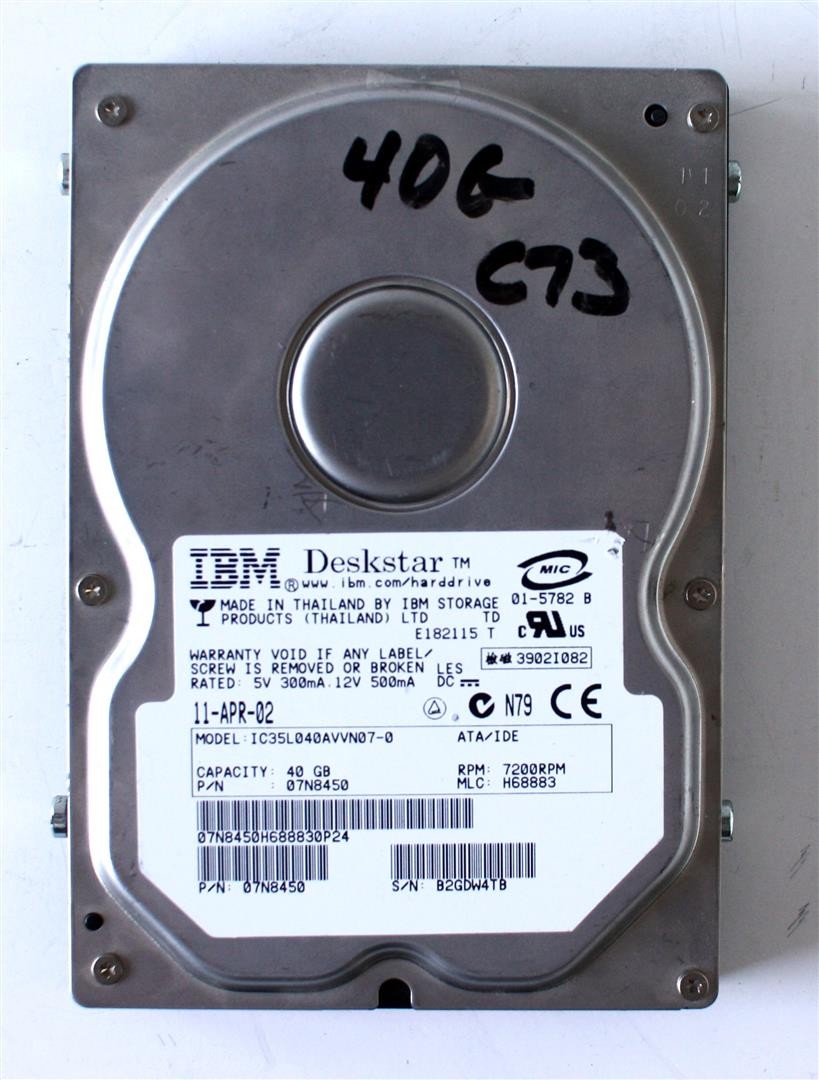Hdd, ibm, 40gb, 7200rpm p/n: 07n8450, mlc: h69005, ic35l040avvn07-0