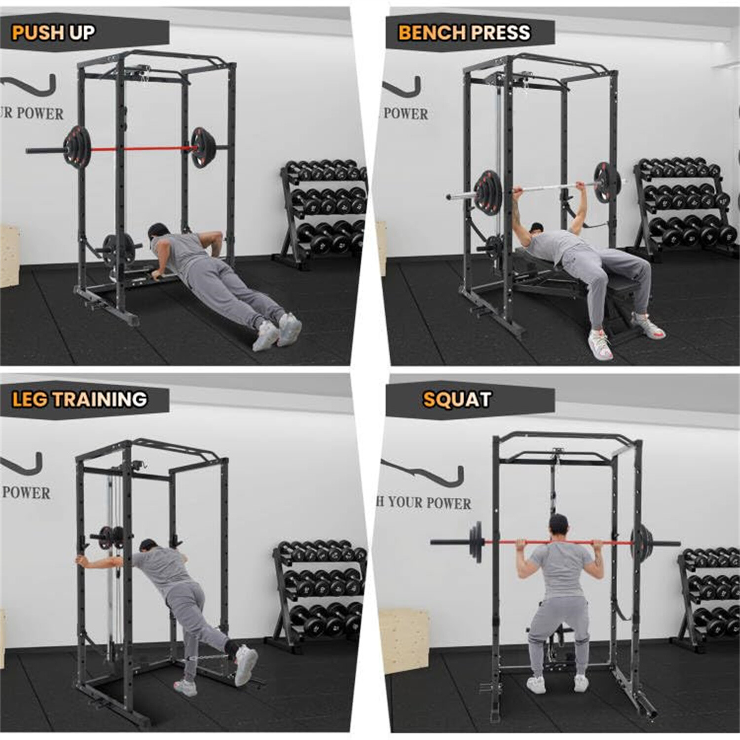 ☑️1600LBS Multi-Functional Power Rack W/Cable Pulley Power Cage with LAT Pulldow