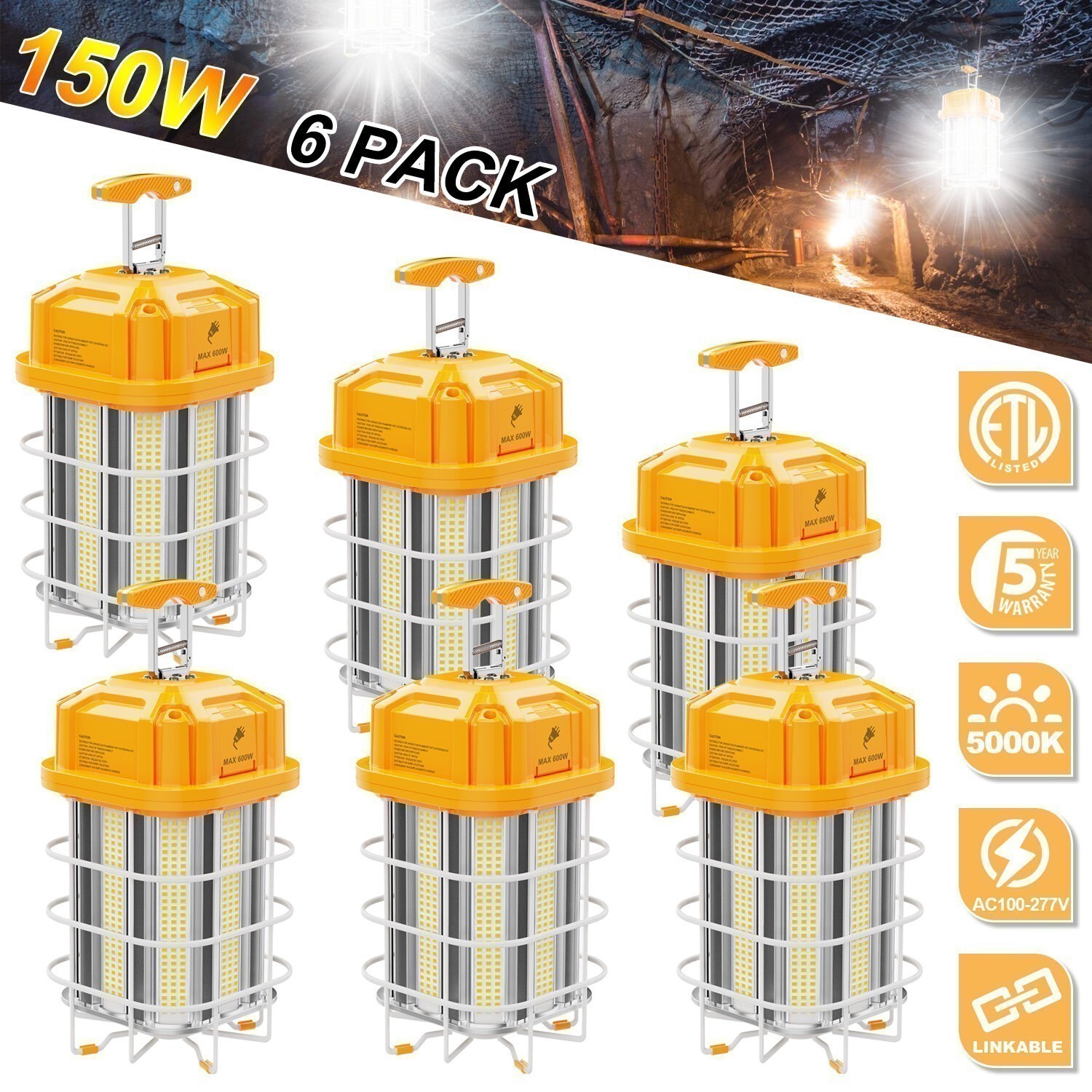 6 PACK 150W 21750LM 5000K LED Temporary Work Light Linkable Construction Jobsite
