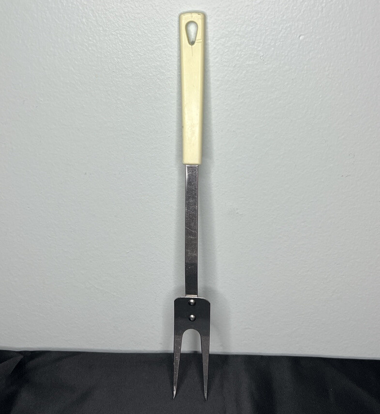 Vtg Kaylan Stainless Steel Meat Serving Fork 13” Utensil Ivory/Off White Handle