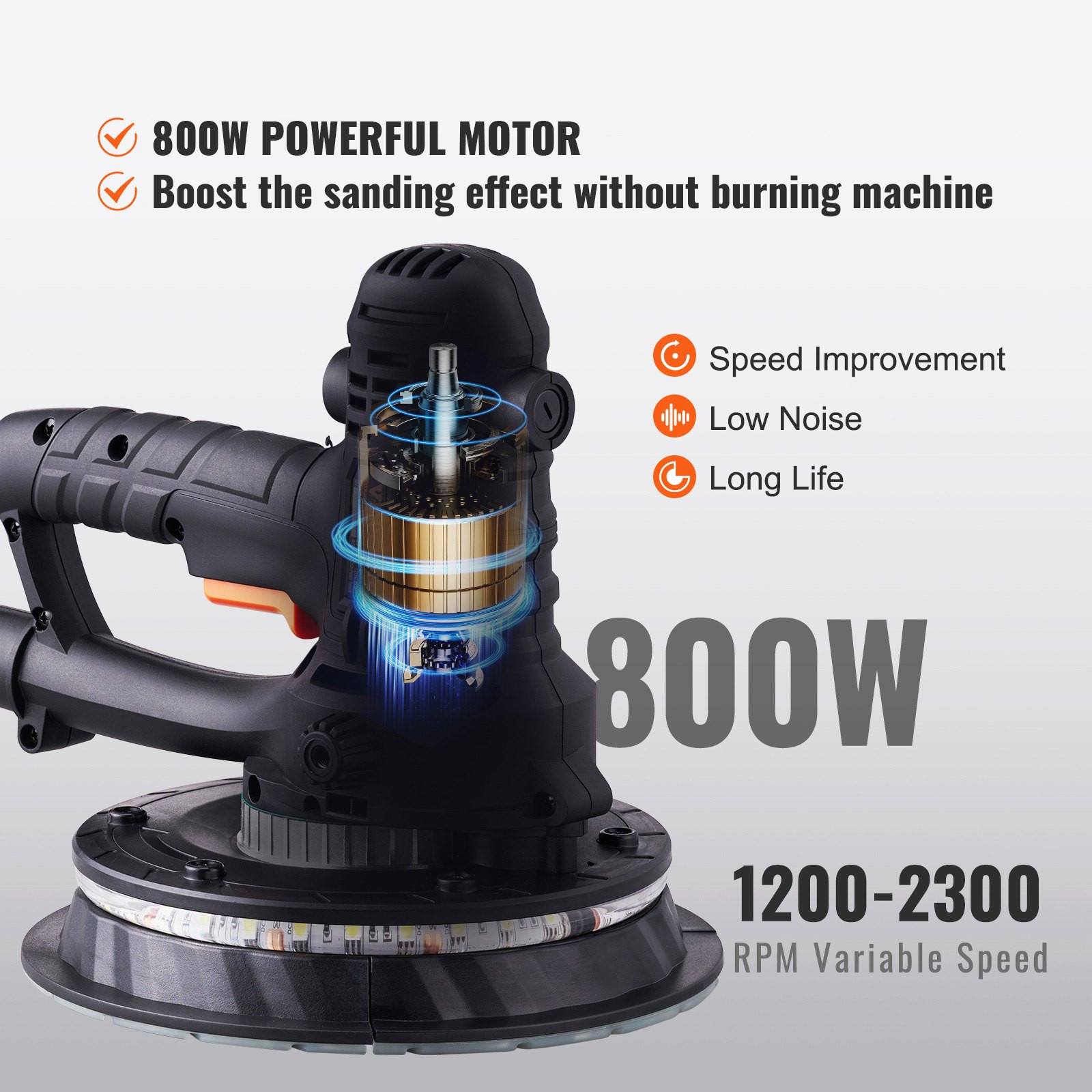 Drywall Sander 800W Electric Wall Sander w/ Vacuum LED Variable Speed