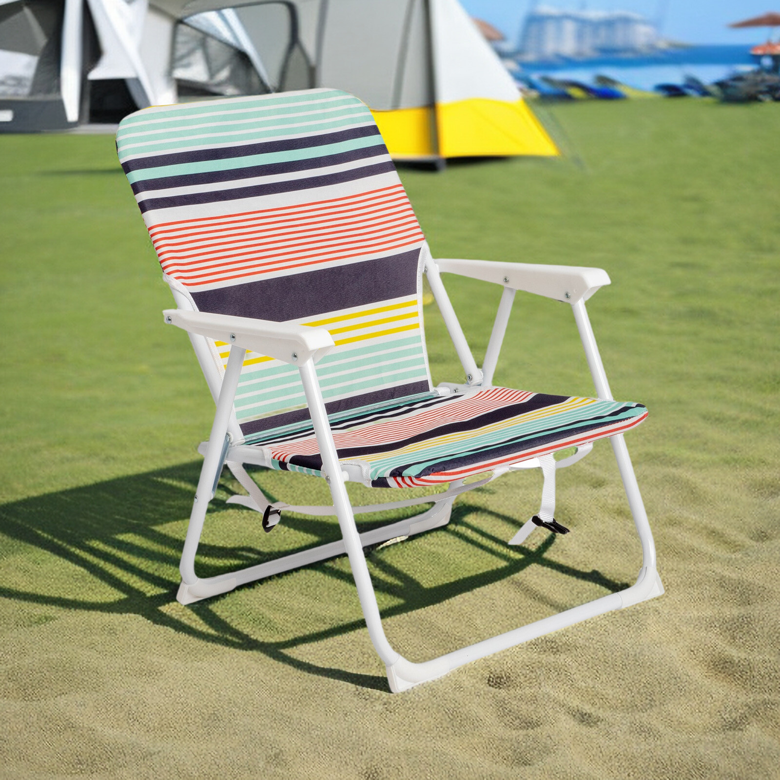 Folding Beach Chair - Fabric, White Metal Frame, Lightweight & Multicolor