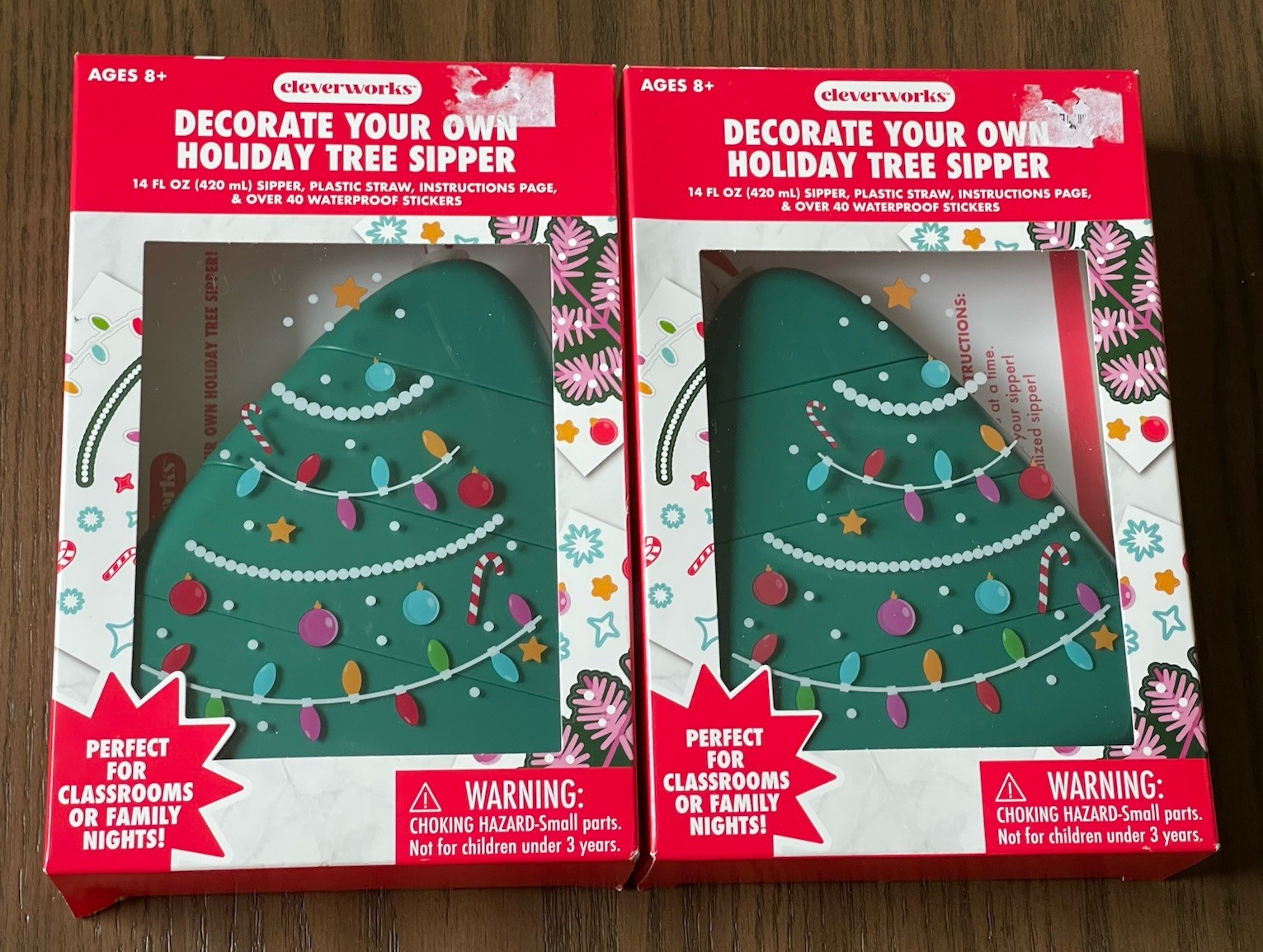 2 New Christmas Decorate Your Own Holiday Tree 14 oz Sipper w/ Straw Stickers