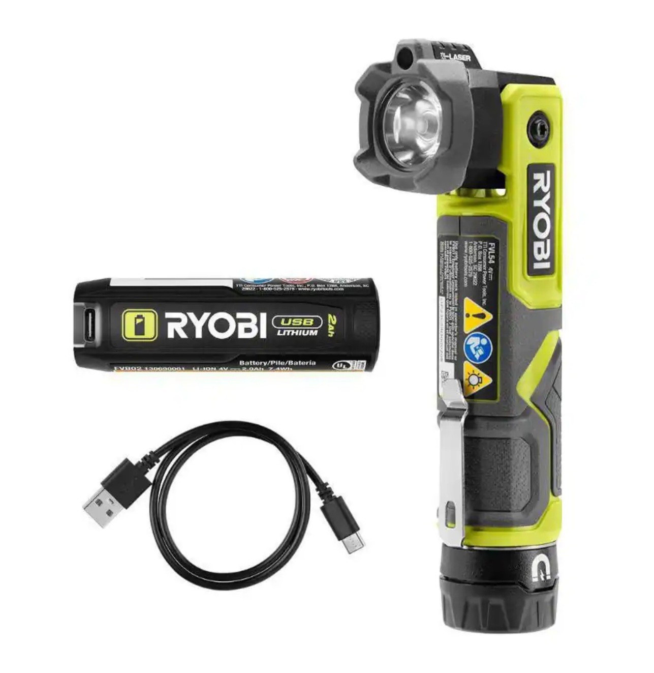 Ryobi 625 Lumen USB Lithium Pivoting LED Laser Flashlight Magnetic IP54 FVL54K