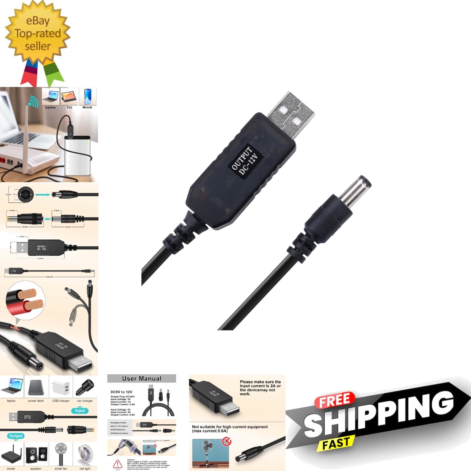 USB Voltage Step Up Converter - DC 5V to 12V, 3ft Cable with DC Jack 5.5 x 2....