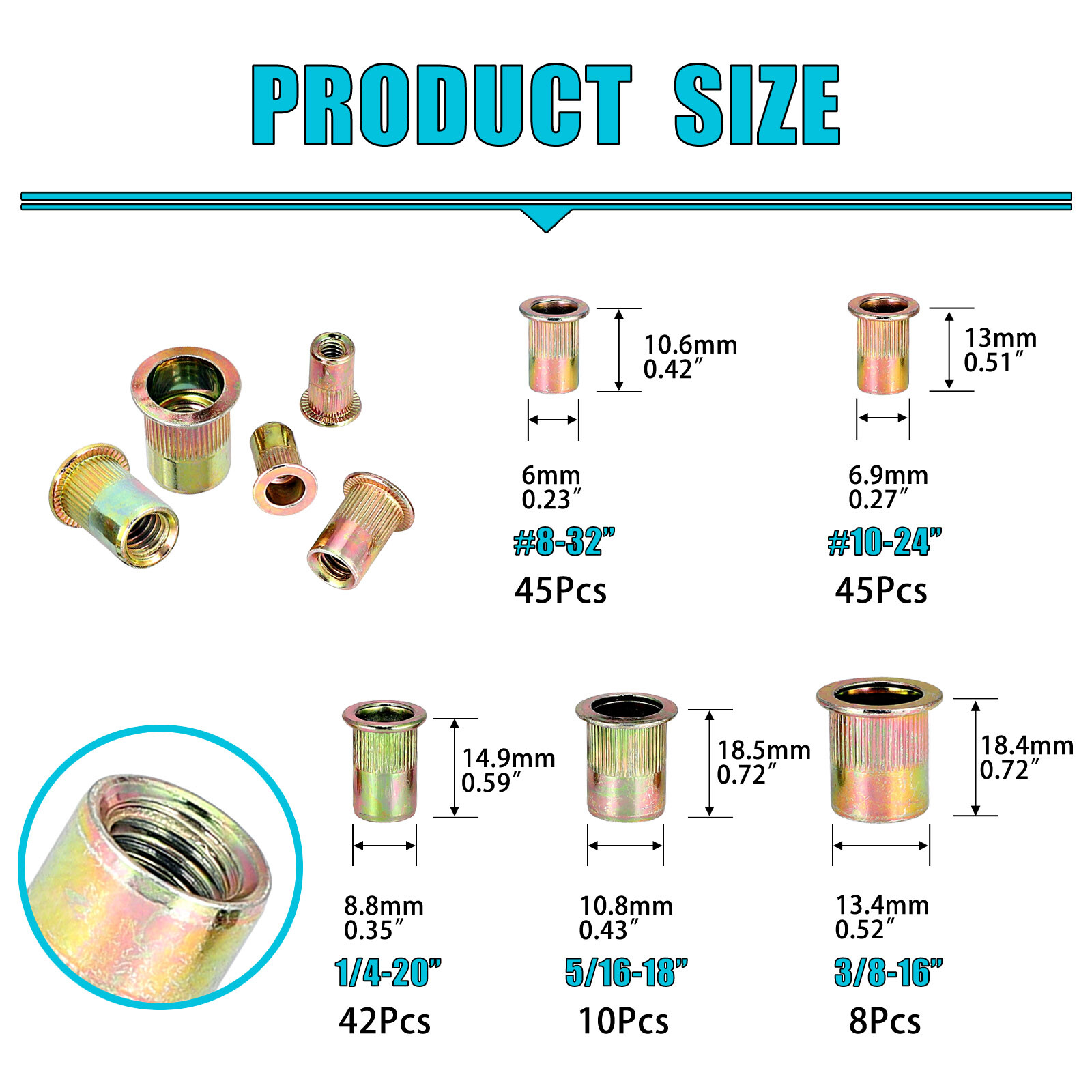 150PCS Rivet Nuts Zinc Plated Carbon Steel Flat Head Rivnut Threaded Insert Nuts