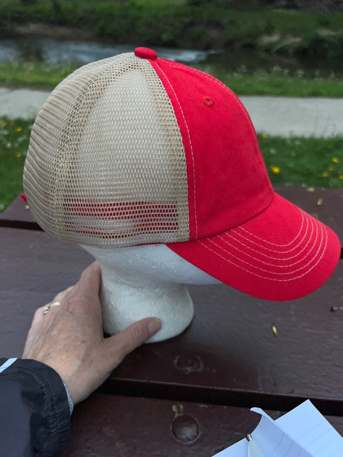 Trucker Hat Level 5 on Red Fabric Tan Mesh Hat Cap Hook Loop VGC