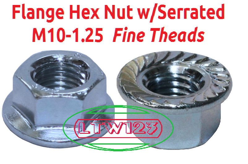 (5 Pieces) M10-1.25mm Metric Flange hex Nut fine thread with Serrated Zinc