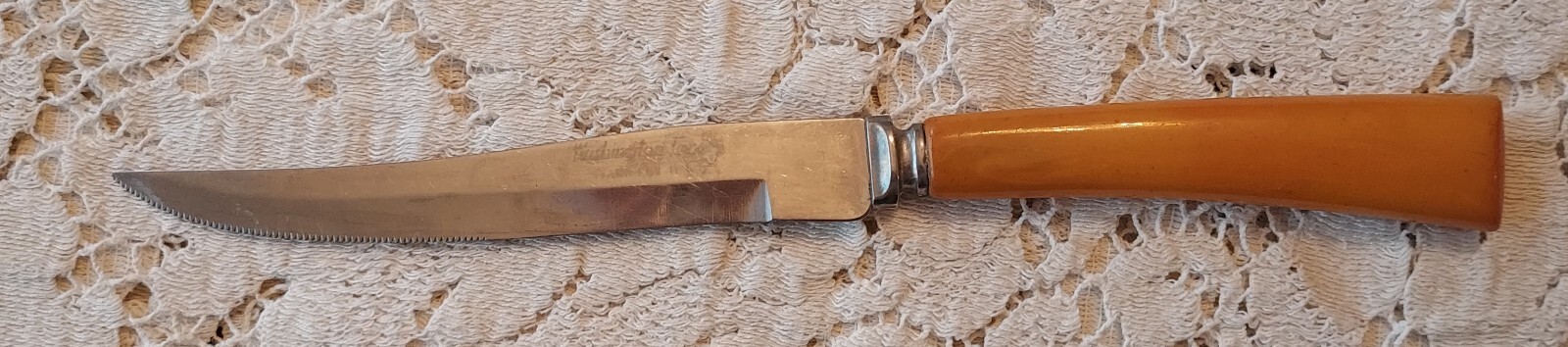 Vintage Washington Forge Steak Knife Yellow Gold Bakelite Handle Stainless
