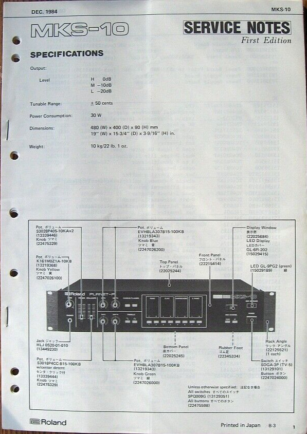 Roland MKS-10 Planet P Midi Module Original Service Manual Booklet, Japan, 1994.