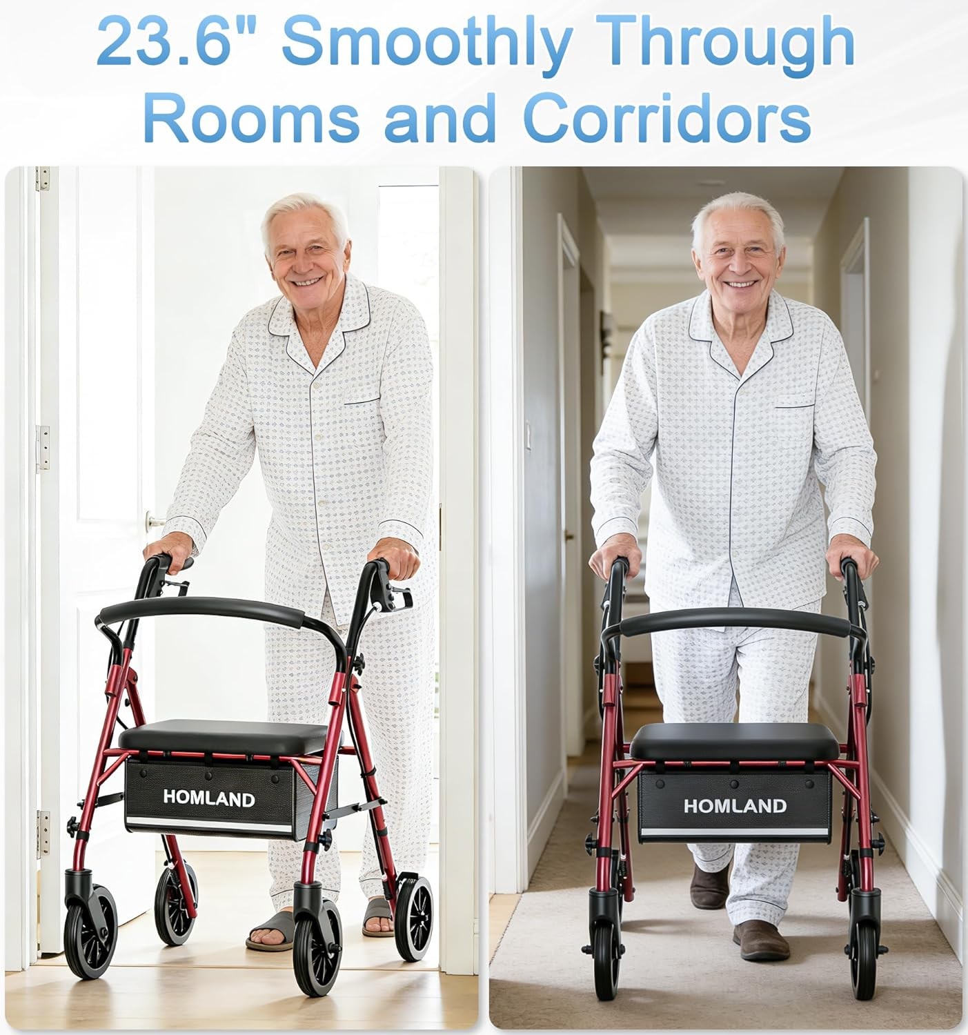 Lightweight Rollator Walker with Seat 4 Wheels Adjustable Height 300lbs Red