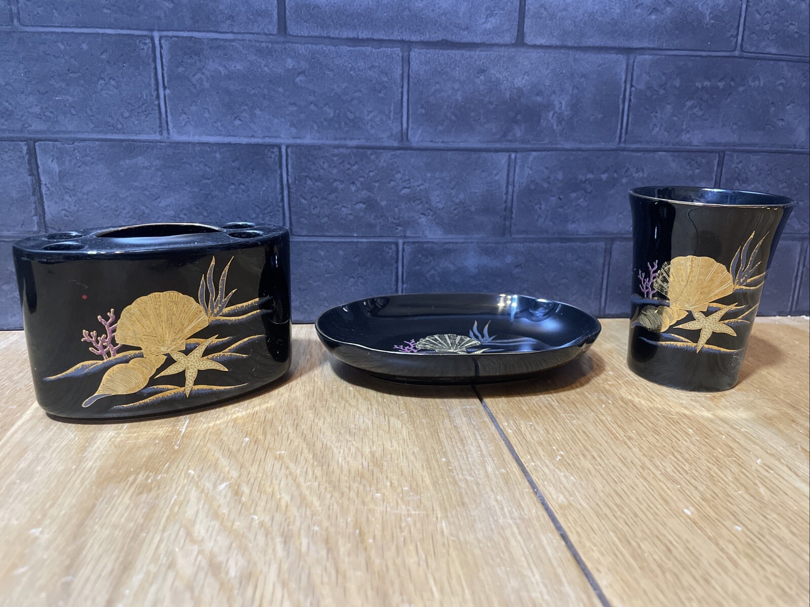 VTG Black & Gold Seashell / Ocean Life Otagiri Bathroom / Vanity 3 Pc Set