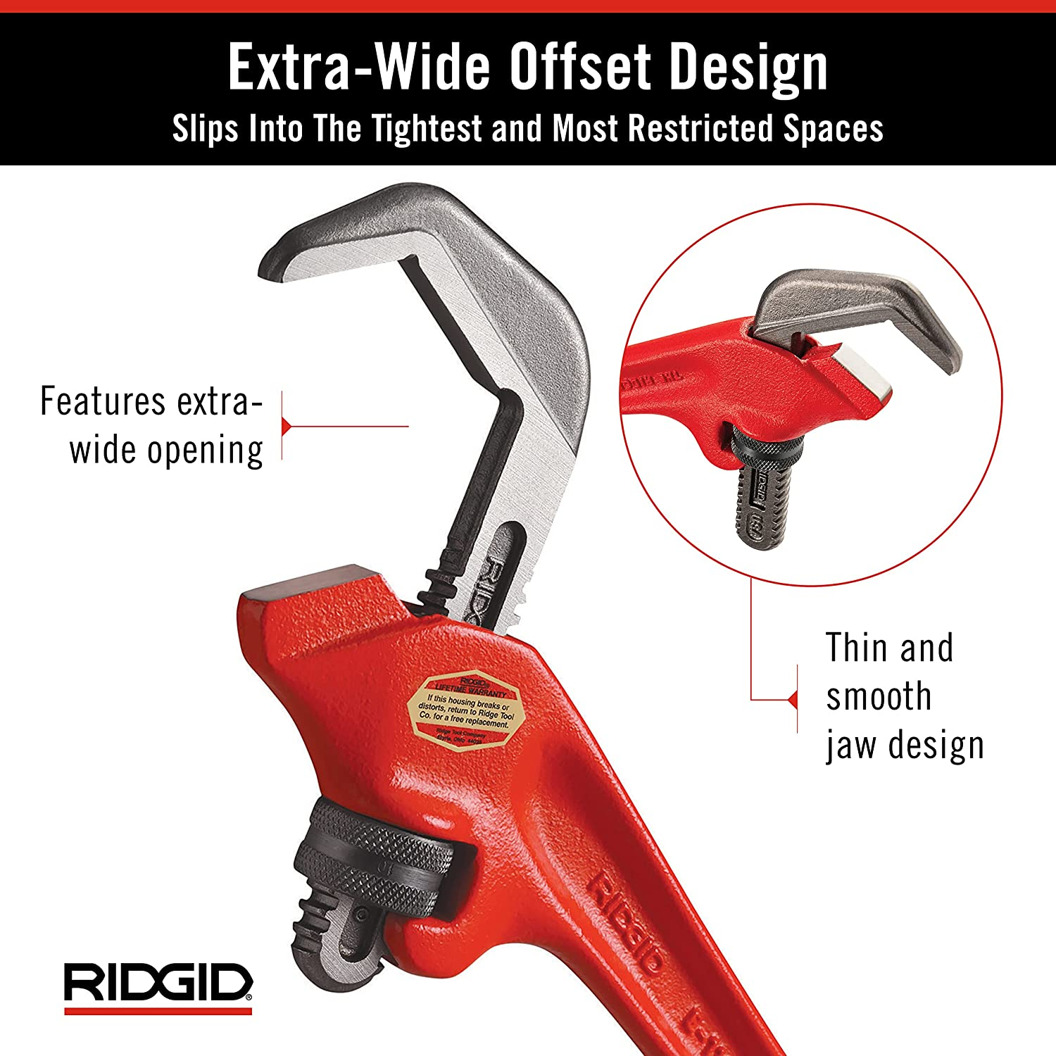 RIDGID 31305 Model E-110, 9.5" Offset Hex Jaw Pipe Wrench, Red, Made in the USA