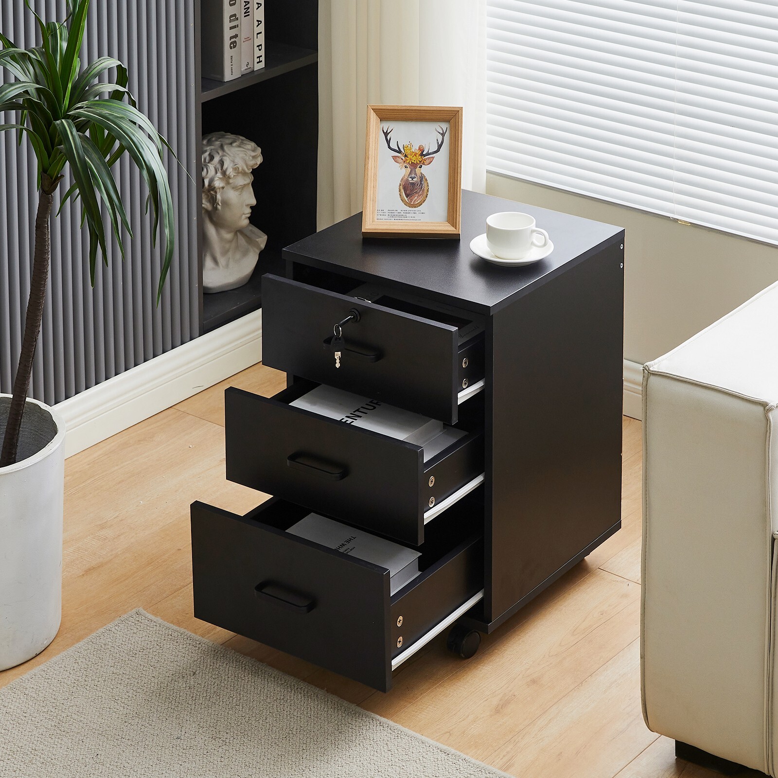 Wood Office Cabinet Filing Cabinet Organizer File Storage 3 Drawer / Lock Black