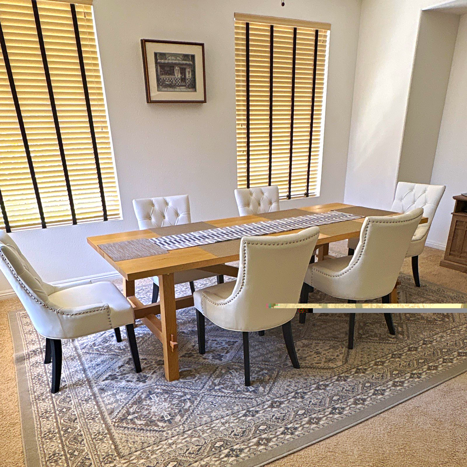 7-Piece Rectangular Light Wood Dining Table Set w/ 6 Upholstered Chairs, Solid