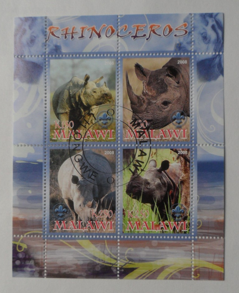 STAMPMART : MALAWI 2008 RHINOCEROS RHINO WILDLIFE ANIMALS CTO SOUVENIR SHEET