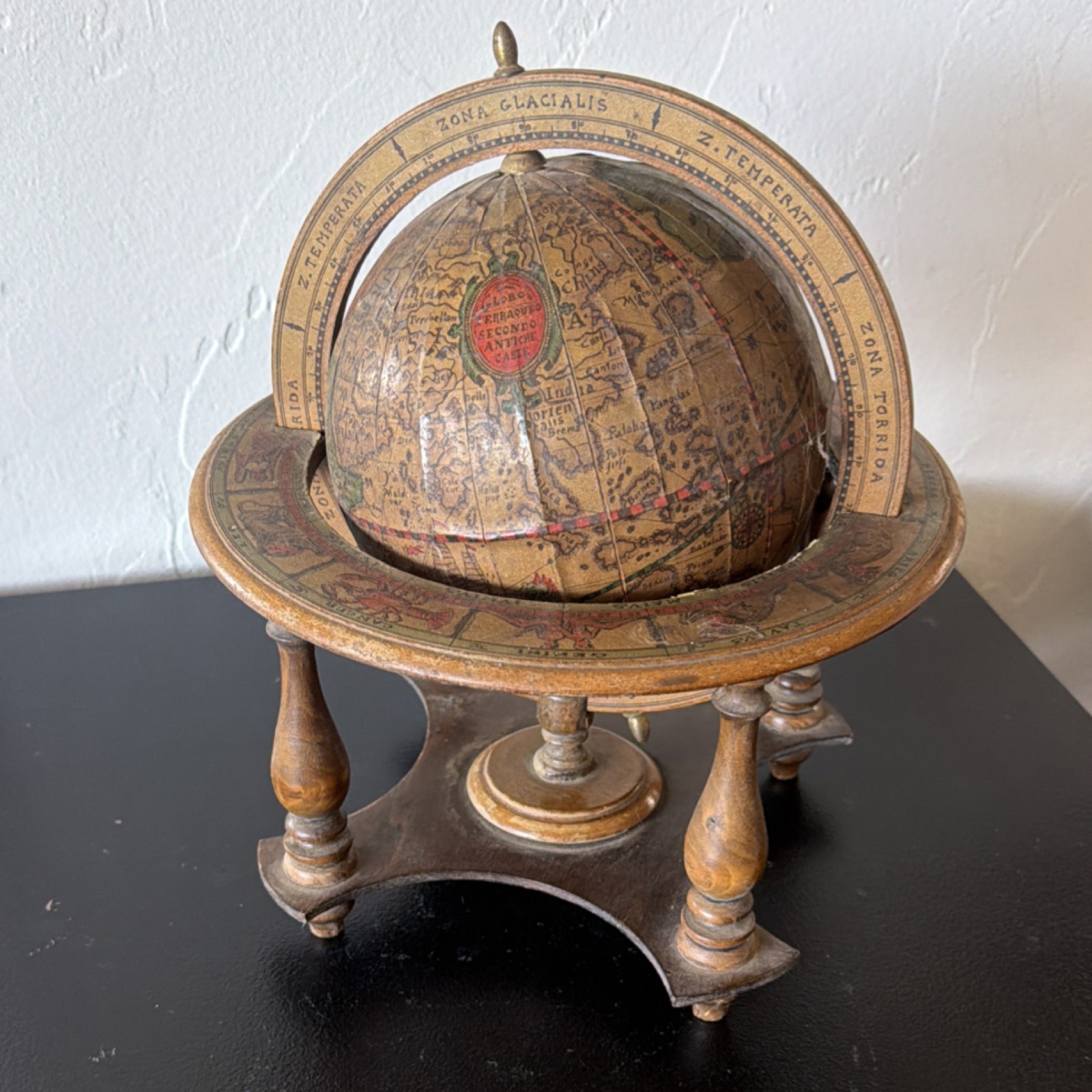 Antique Italian Tabletop Zodiac Old World Globe Cradle Mount