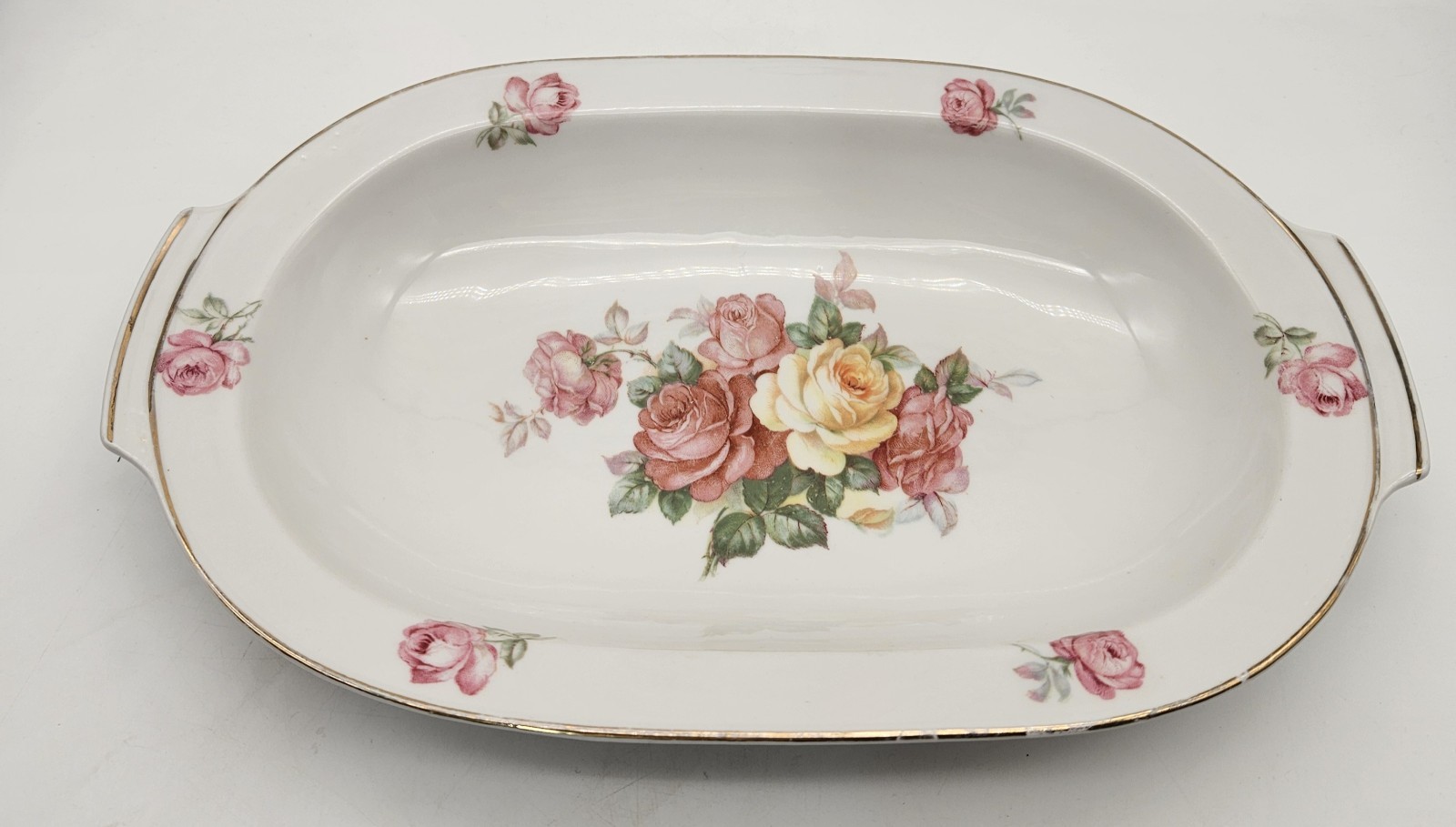 Vintage Schumann Bavaria Oval Serving Dish Pink Yellow Floral 12" x 7"