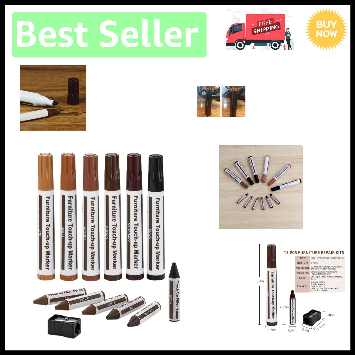 Wood Markers & Wax Sticks - 13-Piece Furniture Touch-Up Kit in 6 Colors