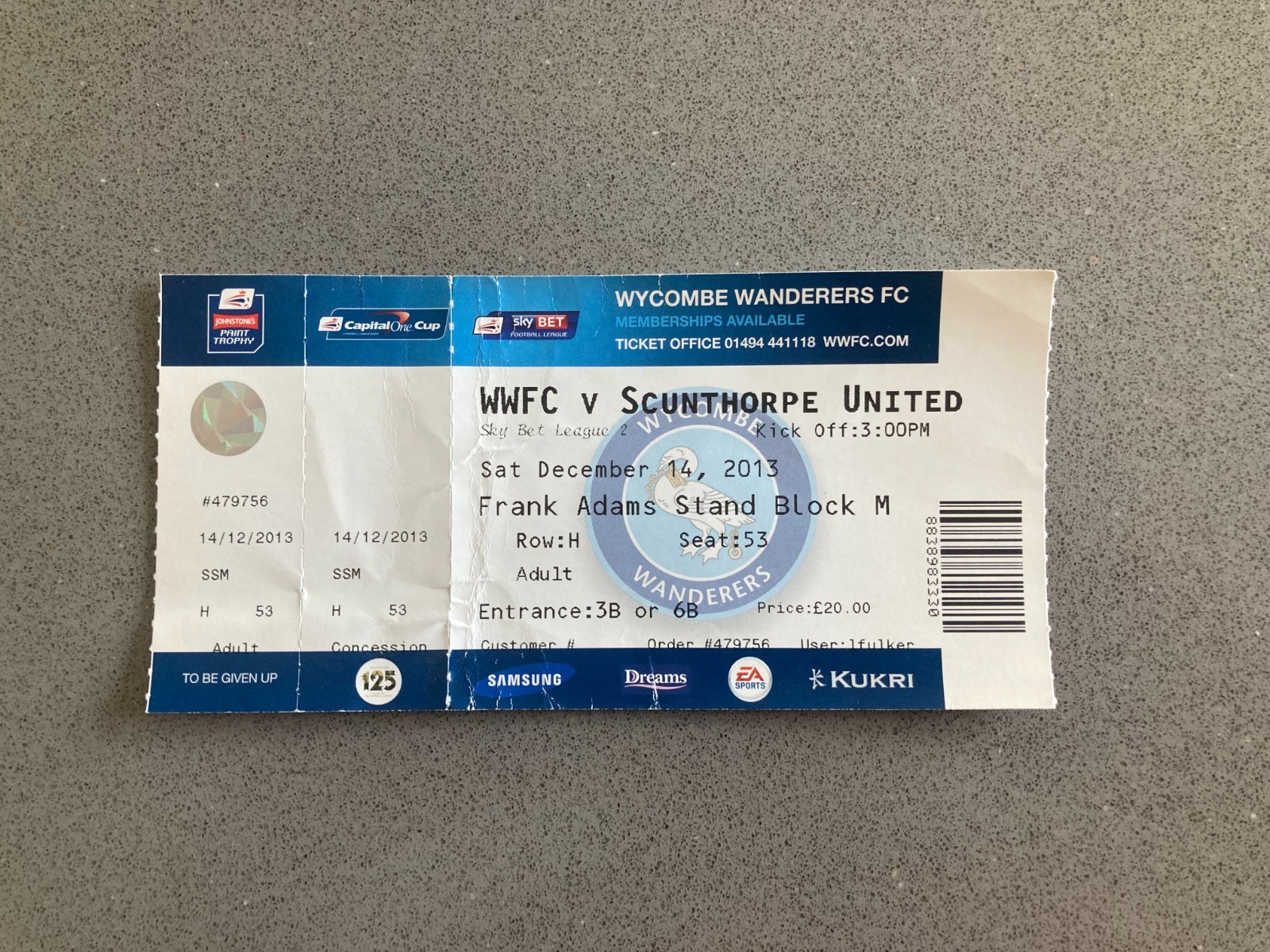 Wycombe Wanderers v Scunthorpe United 2013-14 Match Ticket