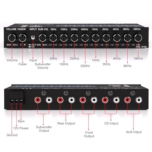 Car Audio Equalizer, Car Graphic Equalizer EQ W/Front, Rear + Sub 9-Band