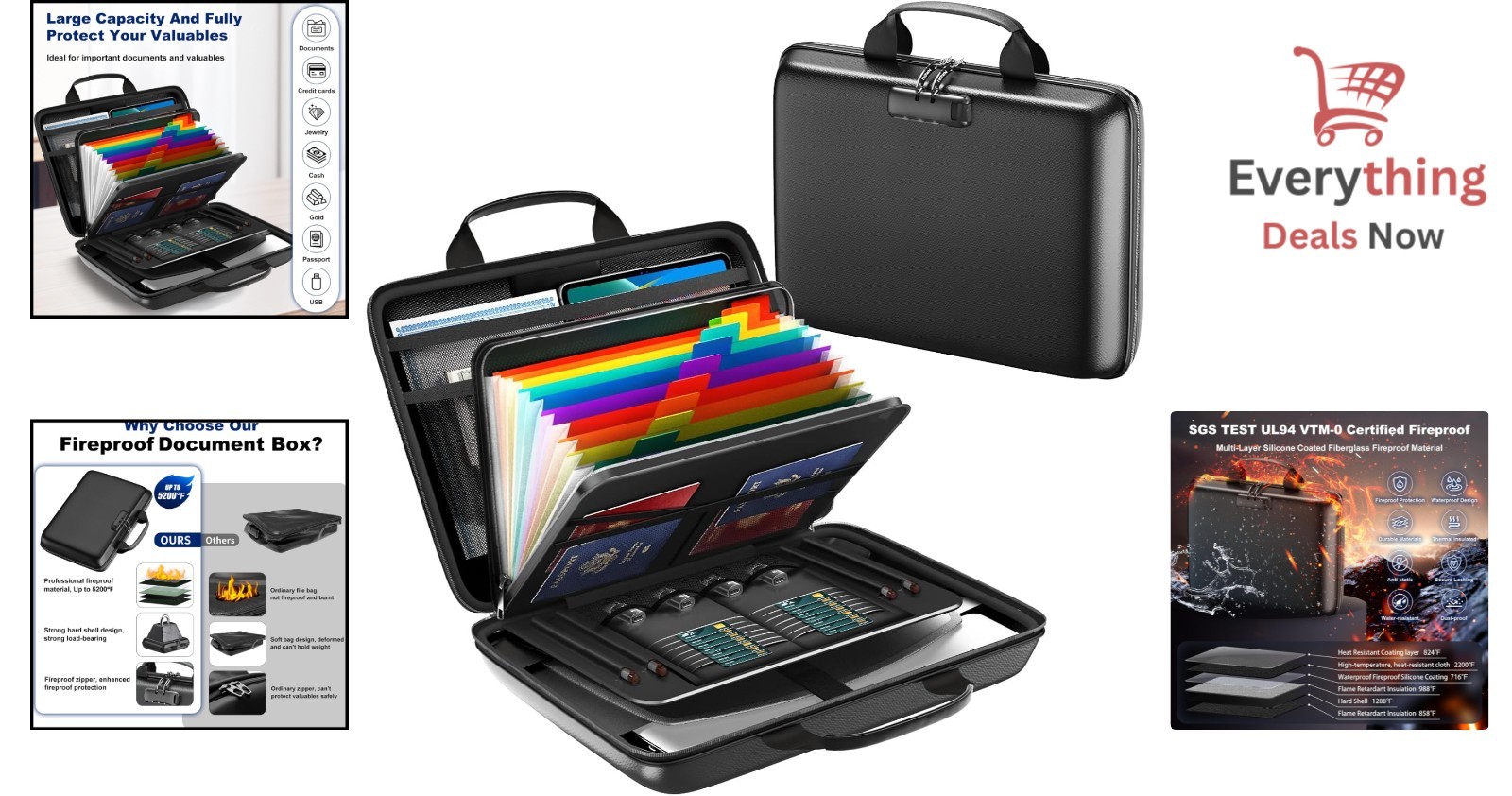 Fireproof Document Box with Lock 13 Pockets Waterproof Hard Case File Organizer