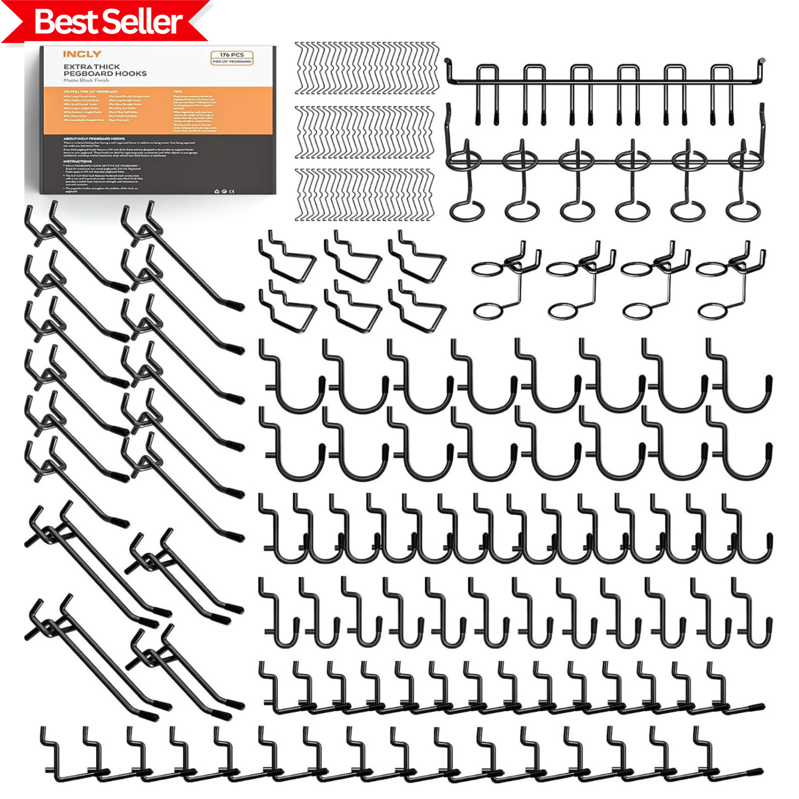 176PCS Heavy Duty Pegboard Hooks Kit 1 4 Inch Metal Hooks with Peg Locks