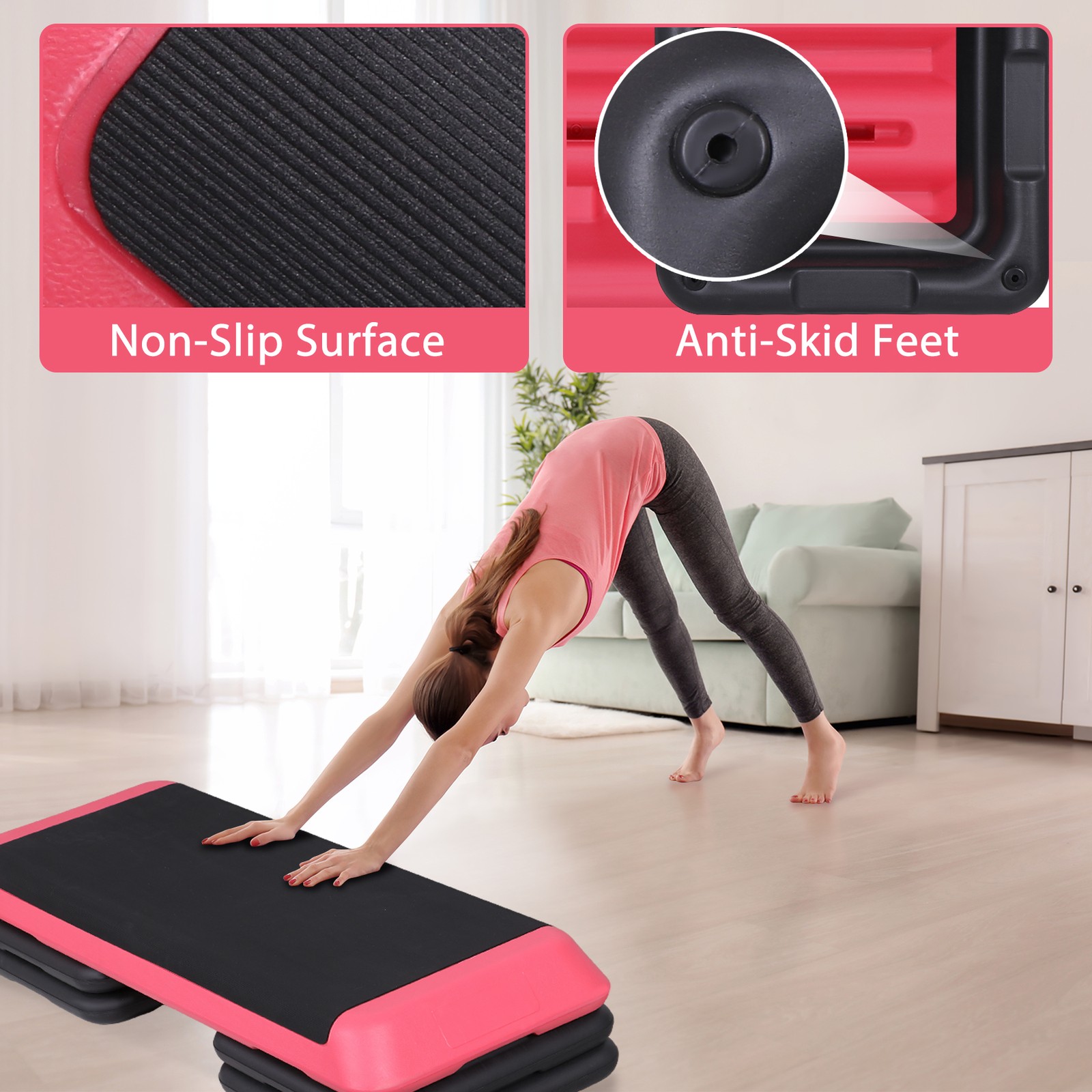 43 Inch Training Exercise Aerobic Stepper Step Platform Workout with Risers Pink