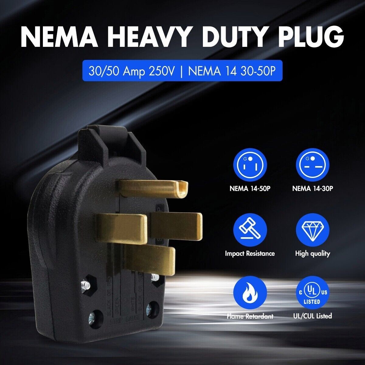 NEMA 14-50P Plug, Straight Blade Heavy Duty Angle Plug, 30 Amp 50 Amp 250V