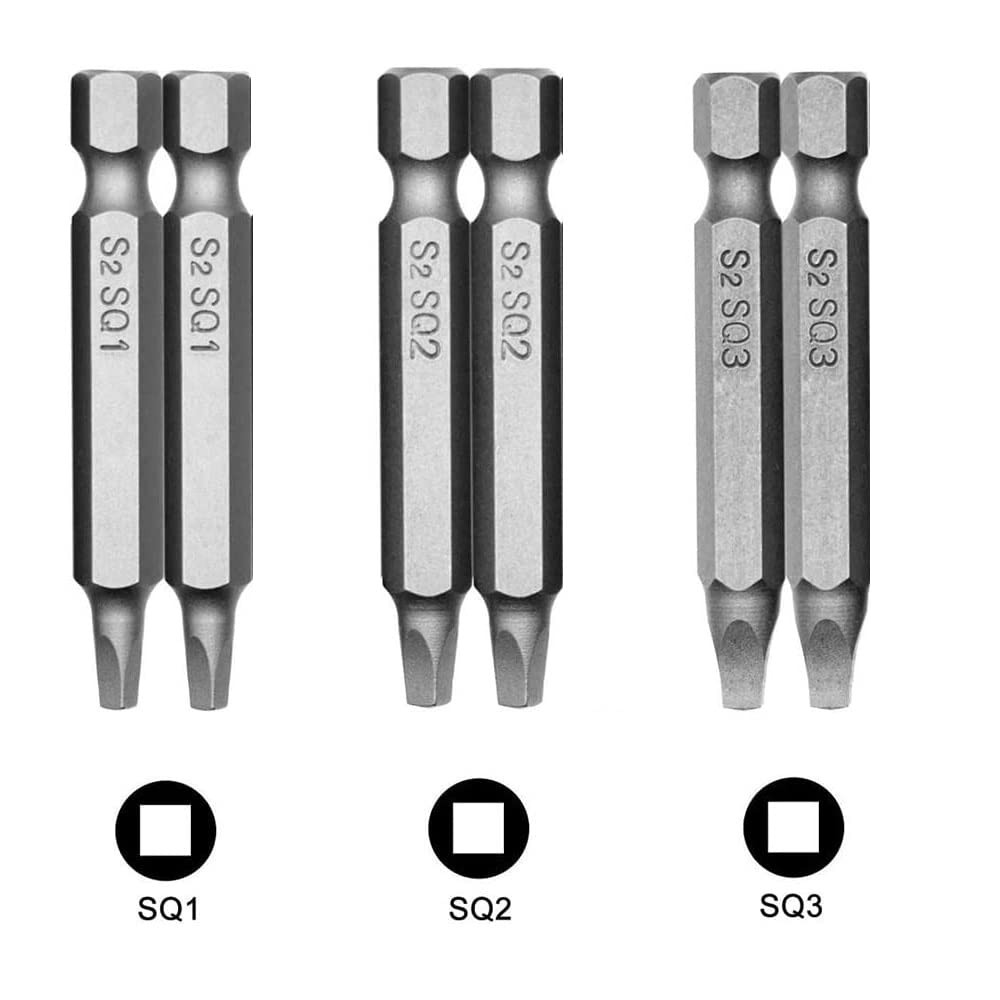 Fixinus 6 Pieces Square Screwdriver Bits, 1/4 inch Hex Shank S2 6